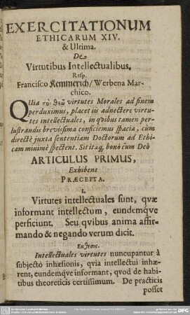 Exercitationum Ethicarum XIV. & Ultima. De Virtutibus Intellectualibus
