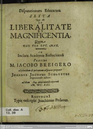 Disputationum ethicarum sexta quae est de liberalitate et magnificentia