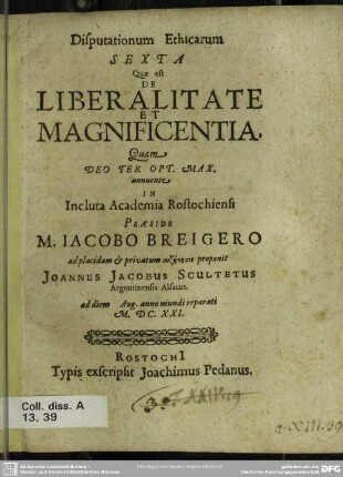 Disputationum ethicarum sexta quae est de liberalitate et magnificentia