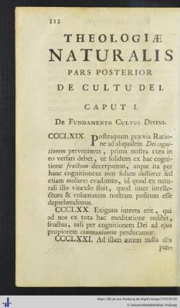Theologiae Naturalis Pars Posterior De Cultu Dei.