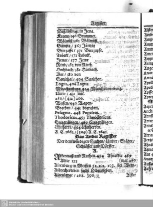 Das Ander Register. Der denkwürdigen Sachen, Länder, Städte, Schlösser und Dörffer