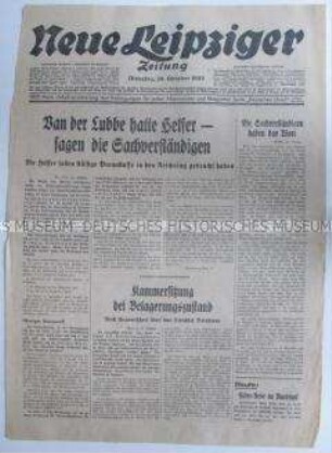Titelblatt der "Neuen Leipziger Zeitung" zum Reichstagsbrandprozess
