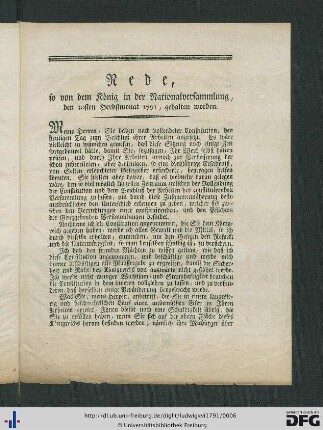 Rede so von dem König in der Nationalversammlung, den 30sten Herbstmonat 1791, gehalten worden.