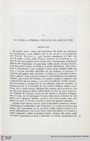 I. La teoria artistica italiana del secolo XVII (sommario)