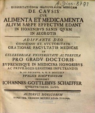 Dissertationem Inauguralem Medicam De Causis Cur Alimenta Et Medicamenta Alium Saepe Effectum Edant In Hominibus Sanis Quam In Aegrotis ... Publice Discutiendam Proponet Johannes Gottlibius Schaeffer Querfurthens. Saxo.