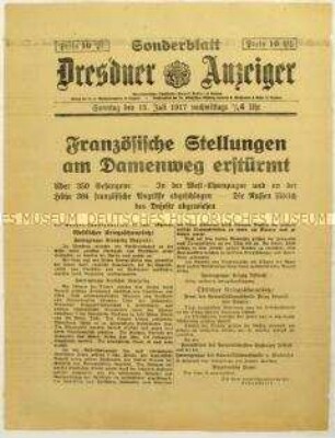 Nachrichtenblatt des "Dresdner Anzeiger" mit Kurzmeldungen von verschiedenen Kriegsschauplätzen