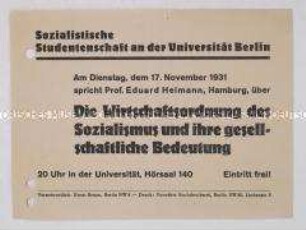 Handzettel mit der Einladung zu einer Diskussions- Veranstaltung mit Prof. Eduard Heimann über die sozialistische Wirtschaftsordnung