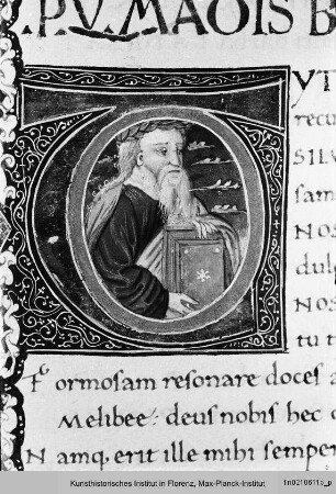 Die Werke Vergils : Erste Seite der Bucolica mit ornamentierter Randbordüre, eingeschlossenem Mediciwappen und historisierter Initiale T mit Porträt Vergils