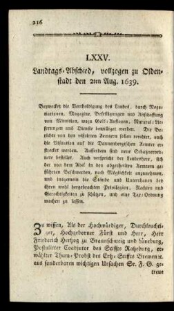 LXXV. Landtags-Abschied, vollzogen zu Oldenstadt den 2ten Aug. 1639.