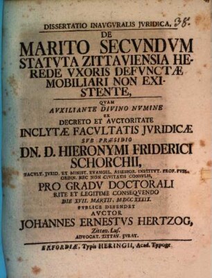 Diss. inaug. iur. de marito secundum statuta Zittaviensia herede uxoris defunctae mobiliari non existente