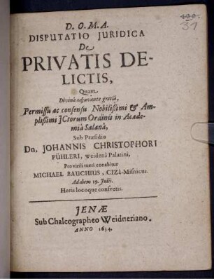 Disputatio Iuridica De Privatis Delictis