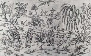Inventions chinoises, Uferlandschaft mit Edelleuten : Uferlandschaft mit chinesischen Edelleuten. Aus: Inventions chinoises XVIII, Blatt 10. Kupferstich; 163 x 265 mm. Dresden: Kupferstich-Kabinett in B 1156,2 XVIII