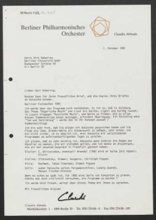 Brief an Dirk Nabering an Berliner Festspiele, 01.10.1991