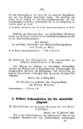 Prüfung für Gesanglehrer und -lehrerinnen an höheren Lehranstalten in Preußen [C. Kunst und Wissenschaft]