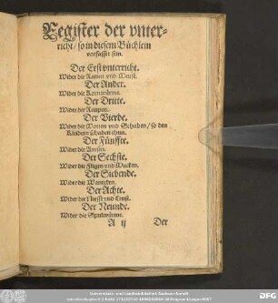 Register der vnterricht/ so in diesem Büchlein vorfasset sein.