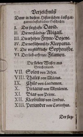 Verzeichnüß Derer in diesem Historischen Lustgarten befindlichen Geschichte