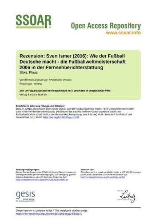 Rezension: Sven Ismer (2016): Wie der Fußball Deutsche macht - die Fußballweltmeisterschaft 2006 in der Fernsehberichterstattung