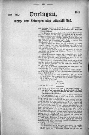 Anlage: (339-342.), Vorlagen, welche den Zeitungen nicht mitgeteilt sind, 17. Mai 1919