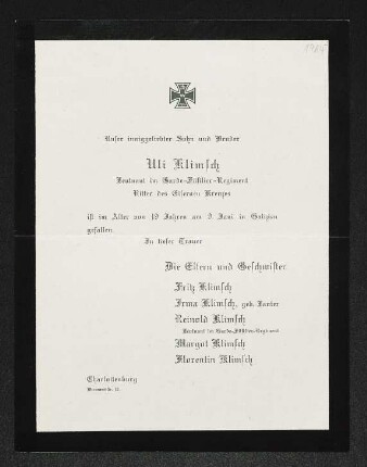 Brief von Fritz Klimsch, Irma Klimsch, Reinhold Klimsch, Margot Klimsch und Florentin Klimsch an Gerhart Hauptmann