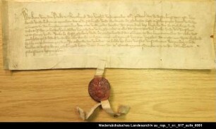 Der Häuptling Keno tom Brok beurkundet die Beilegung des Streites zwischen dem Kloster Langen und dem Geistlichen Hayo = OUB I, Nr. 194, S. 166 Anhängende Siegel beschädigt erhalten