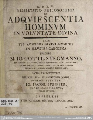 Dissertatio Philosophica De Adquiescentia Hominum In Voluntate Divina