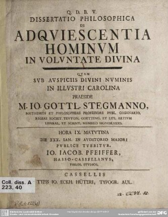 Dissertatio Philosophica De Adquiescentia Hominum In Voluntate Divina