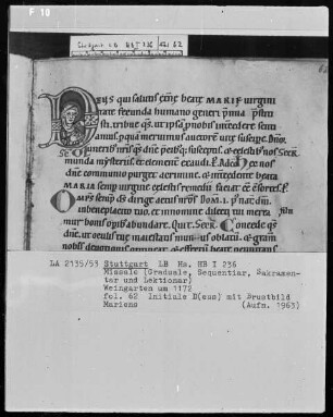 Graduale-Sakramentar-Lektionar — Initiale D (eus qui) mit Brustbild Mariens, Folio 62recto