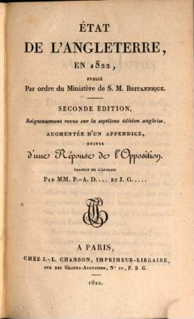 État de l'Angleterre en 1822 : publié par ordre du Ministère de S. M. Britannique