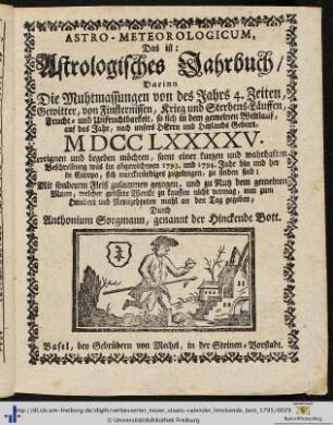 Astro-Meteorologicum, Das ist: Astrologisches Jahrbuch.