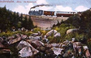Alte Postkarte ca. 1890. Brockenbahn fährt von Schierke zum Brocken, am Eckerloch, Sachsen-Anhalt