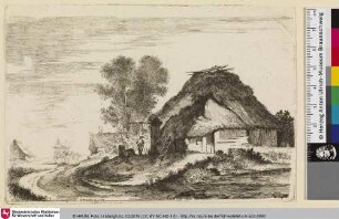 [Haus mit strohgedecktem Dach in Landschaft]