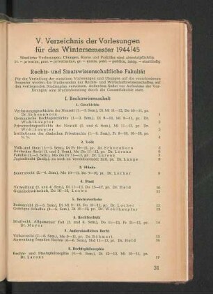 V. Verzeichnis der Vorlesungen für das Wintersemester 1944/45