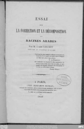 Essai sur la formation et la décomposition des racines arabes