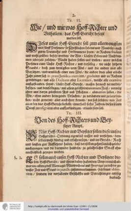 Tit. III. Von des Hoff Richters und Beysizer Ampt.