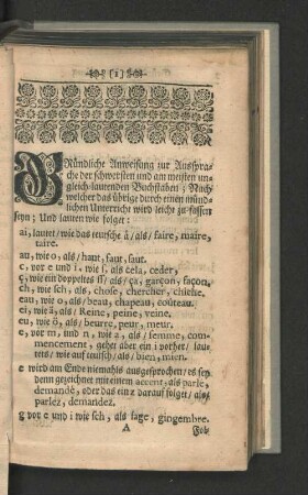 [I. Gründliche Anweisung zu der Frantzösischen Sprache.]