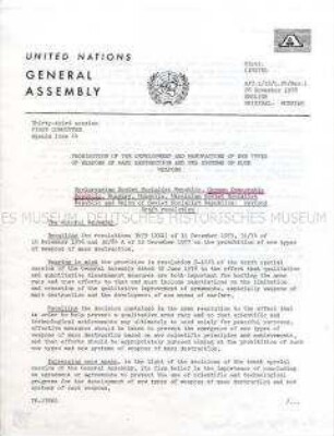 Kopie eines Protokolls der UN-Vollversammlung zu einer Resolution der DDR und anderer Staaten zum Verbot der Entwicklung und Herstellung neuer Massenvernichtungswaffen