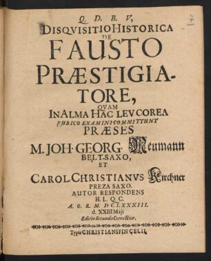 Disquisitio Historica De Fausto Praestigiatore