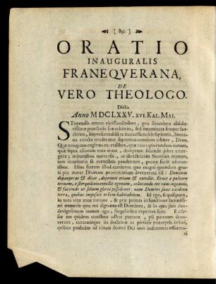 Oratio Inauguralis Franequerana, De Vero Theologo