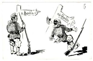 Weltkrieg-Postkarte Nr. VII: n.Berlin nix Berlin (französischer Soldat vor Wegweiser)