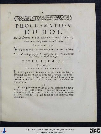 Proclamation du Roi sur Décrets de l'Assemblée Nationale, concernant l'Organisation Judiciaire.