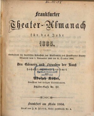 Frankfurter Theateralmanach der Vereinigten Stadttheater. 1865 (1864)