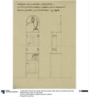 Darmstadt, Wohnhaus Keller, Halle, Aufriss und Seitenansicht des Notenschranks