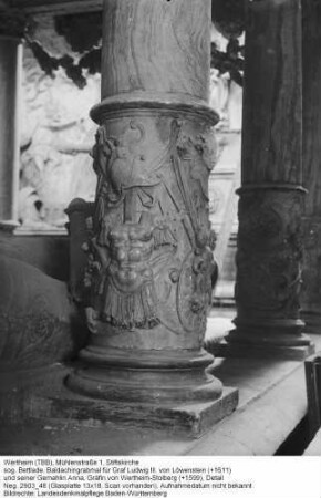 Stiftskirche; sog. Bettlade, Baldachingrabmal für Graf Ludwig III. von Löwenstein (+1611) und seiner Gemahlin Anna, Gräfin von Wertheim-Stolberg (+1599), Detail