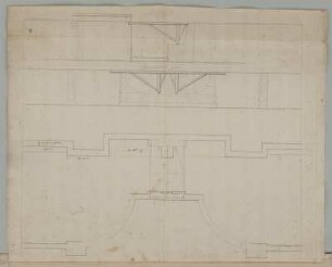 Drehbrücke, Längsschnitt, Ansicht und Aufsicht : Drehbrücke, Längsschnitt, Ansicht und Aufsicht teils mit Maßangaben, unbekannter Zeichner, 1701/1800. Feder, Graphit/Papier. 45,5 x 36,5 cm. Bez.: "profil du pont" und "Elevation du pont". Maßstab mit Maßeinheit "pied" (5 Fuß=2,5 cm).
