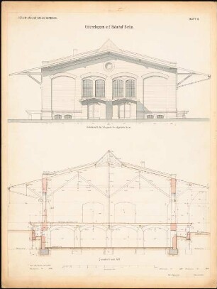 Güterbahnhof der Berlin-Anhaltischen Eisenbahn, Berlin Güterschuppen: Giebelansicht, Querschnitt 1:50