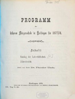 Programm der Höheren Bürgerschule in Hechingen : für das Schuljahr ..., 1877/78