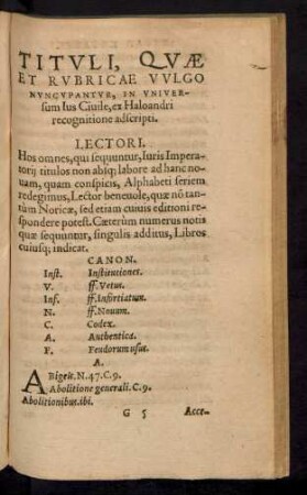 Tituli, Quae Et Rubricae Vulgo Nuncupantur, In Universum Ius civile, ex Haloandri recognitione adscripti.