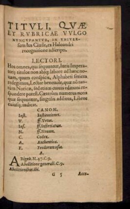 Tituli, Quae Et Rubricae Vulgo Nuncupantur, In Universum Ius civile, ex Haloandri recognitione adscripti.
