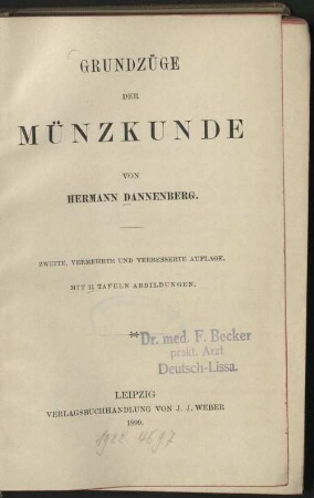Grundzüge der Münzkunde : mit 11 Taf. Abb.