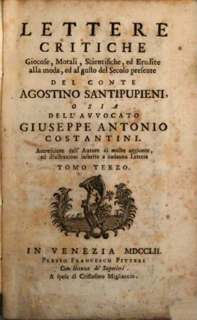 Lettere Critiche Giocose, Morali, Scientifiche, ed Erudite alle moda, ed al gusto del Secolo presente, 3